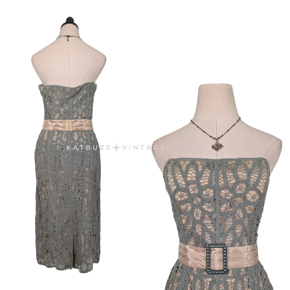 Vintage Betsey Johnson Midi Dress 10 Green 90s Y2K Crochet Lace Grunge Strapless - Picture 2 of 16